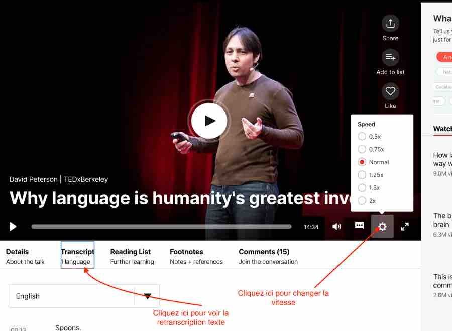 Options pour régler la vitesse et voir le texte des vidéos sur TED.com