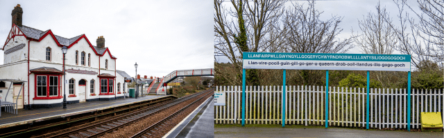 Deux images de la gare ferroviaire de Llanfairpwllgwyngyllgogerychwyrndrobwllllantysiliogogogoch, au Pays de Galles - Top 10 des noms de ville imprononçables au Royaume-Uni