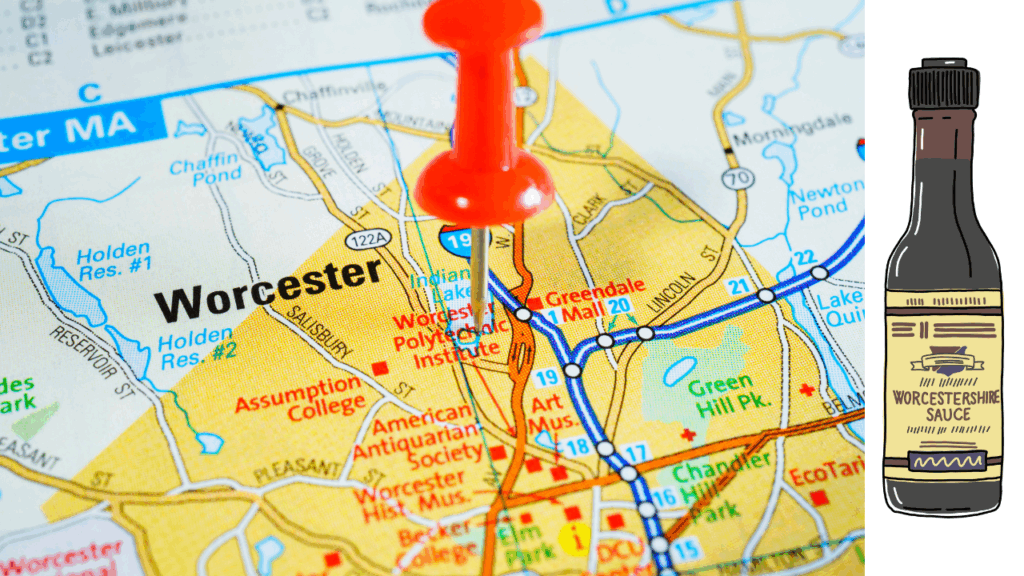 Image d'une carte de la ville de Worcester et d'une bouteille de sauce Worcestershire - Top 10 des noms de ville imprononçables au Royaume-Uni
