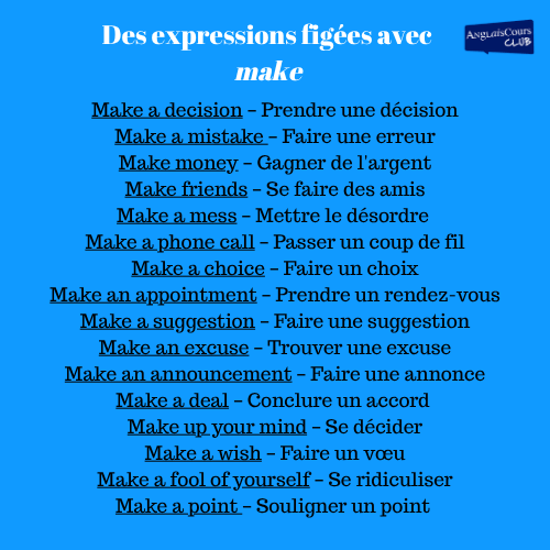 Listes des expressions figées avec le verbe make (fiche grammaticale anglais)